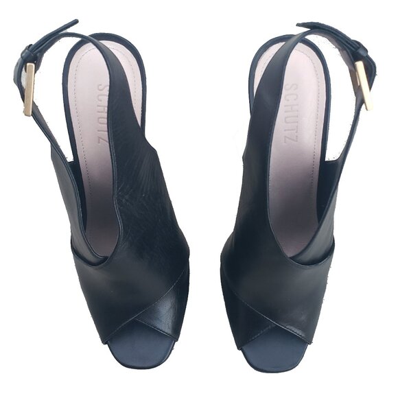 Schutz Priscila Slingback Sandals Black Napa Leather Platform 8.5 - Picture 3 of 9